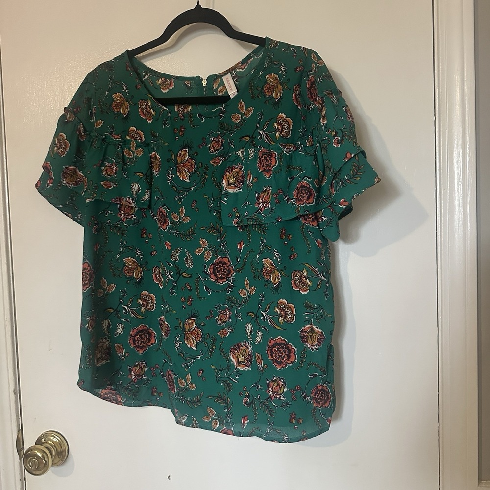 Xhilaration Green Floral Boho Blouse XXL Ruffle Short Sleeve Top M Botcanical - Picture 2 of 5